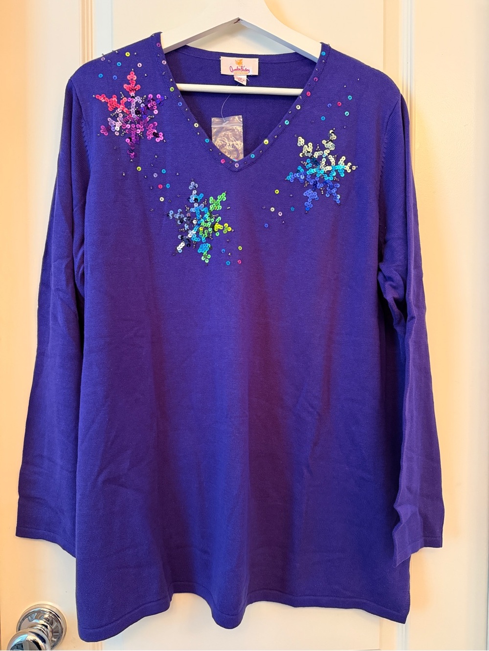 Quacker Factory Purple V-Neck Sequin Starburst Pullover